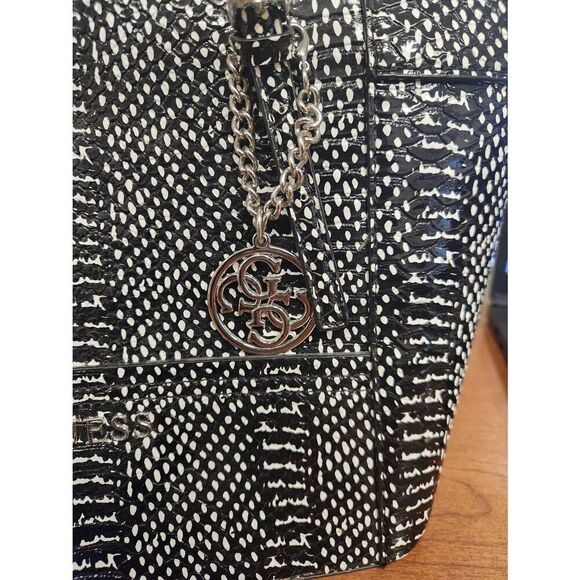 Guess Black-White Embossed Reptile Print Tote Bag (R) - Picture 5 of 10